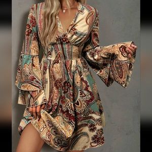 Boho Paisley Floral Print Flare Sleeve Dress